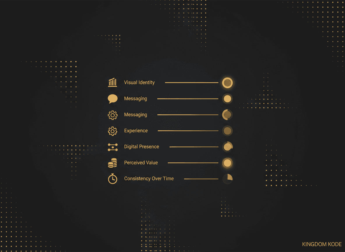 Clean checklist graphic of the 6-point brand-consistency audit with pass/fail toggles readers can visually score against.