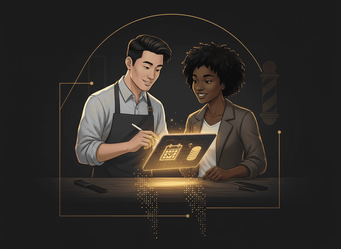 A barber checking in a client at a tablet-based POS, illustrating booking and billing in one system.