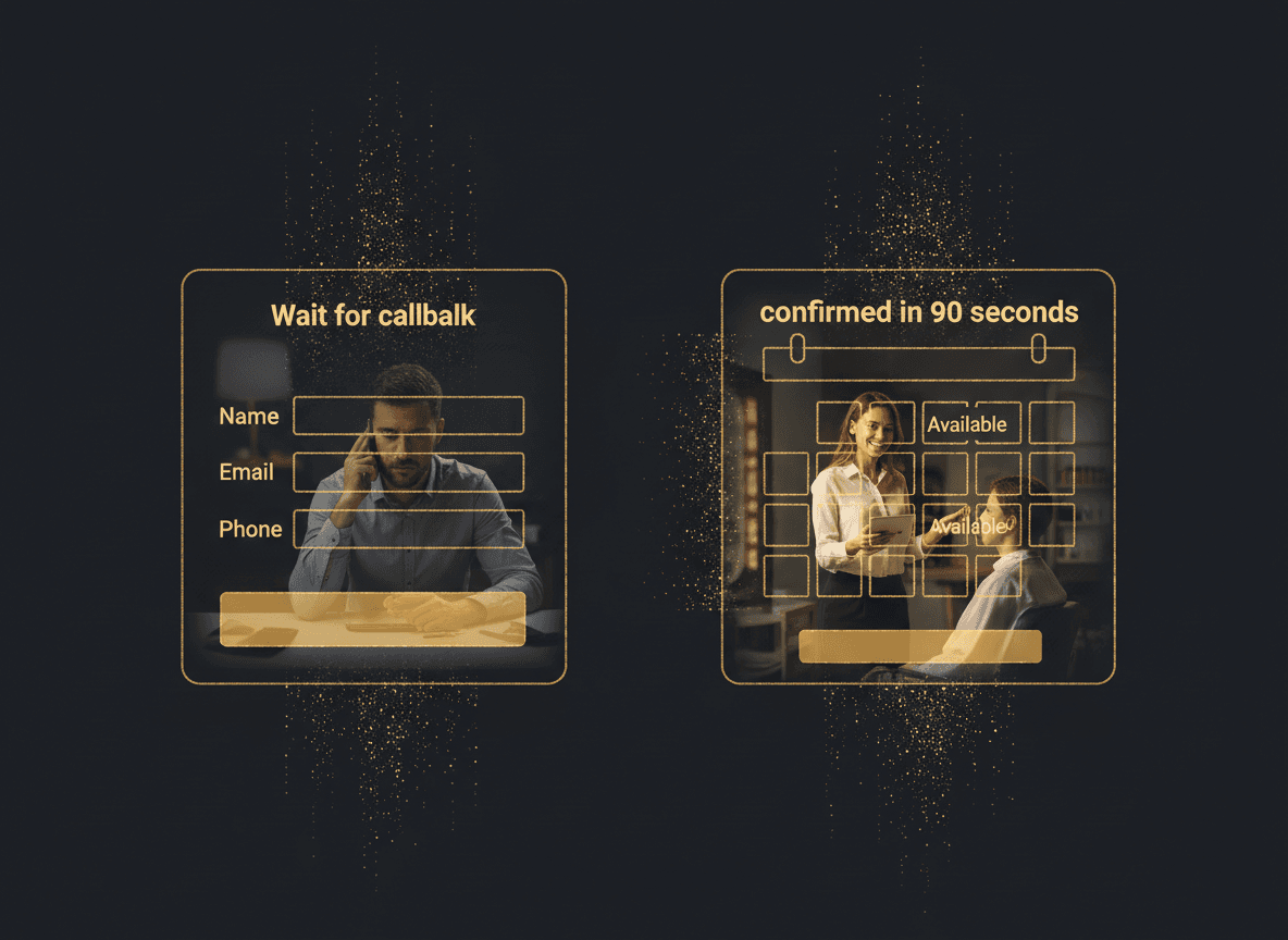 Split-screen graphic: left side a bland 'Contact Us' form labeled 'wait for callback,' right side a clean booking calendar with a 'Book & Pay' button labeled 'confirmed in 90 seconds.'