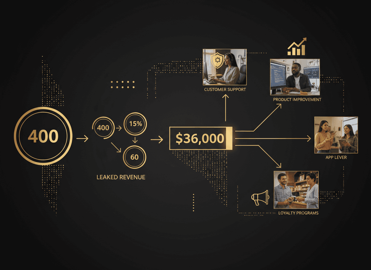 Simple annotated math graphic showing 400 clients → 15% churn → 60 lost clients → $36,000 leaked revenue, with arrows to the four app levers that recover it.