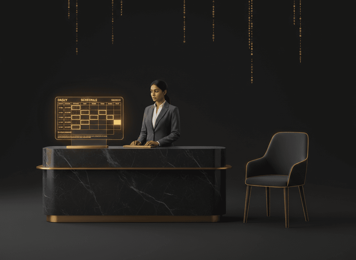 A dental clinic reception desk with a visible daily schedule showing gaps/open slots, conveying the 'empty chair' problem.