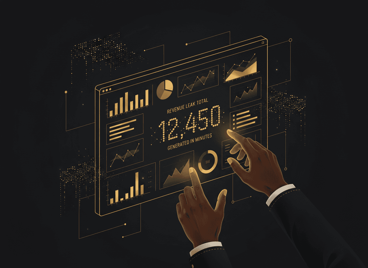 Screenshot-style mockup of the Revenue Code Diagnostic output showing a leak total generated in minutes.