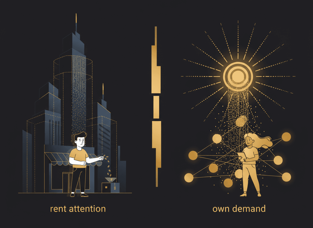 Simple side-by-side comparison graphic: 'Ads = rent attention (cold, slow, $40-80/client)' vs 'Your list = own demand (warm, instant, pennies)'.