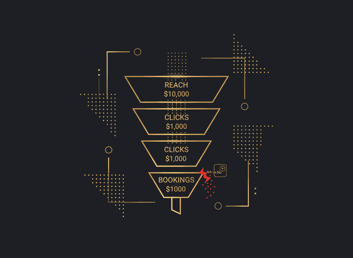 Simple funnel diagram showing reach → clicks → bookings, with a red 'leak' marker at the link-in-bio stage and the dollar figures at each step.