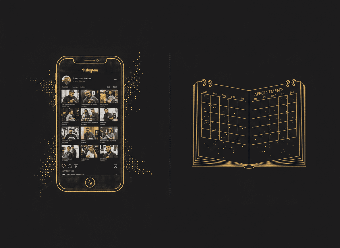 Split-screen image: a phone showing a packed Instagram profile on one side, an empty appointment calendar on the other — visualizing attention with no bookings.