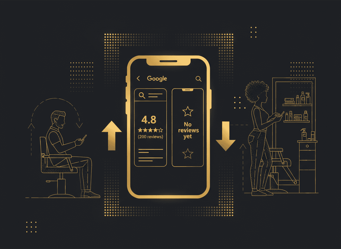 Split-screen phone mockup: a competitor's Google listing showing 200 reviews at 4.8 stars next to the reader's listing showing 'No reviews yet' — visualizing the trust gap a prospect sees.