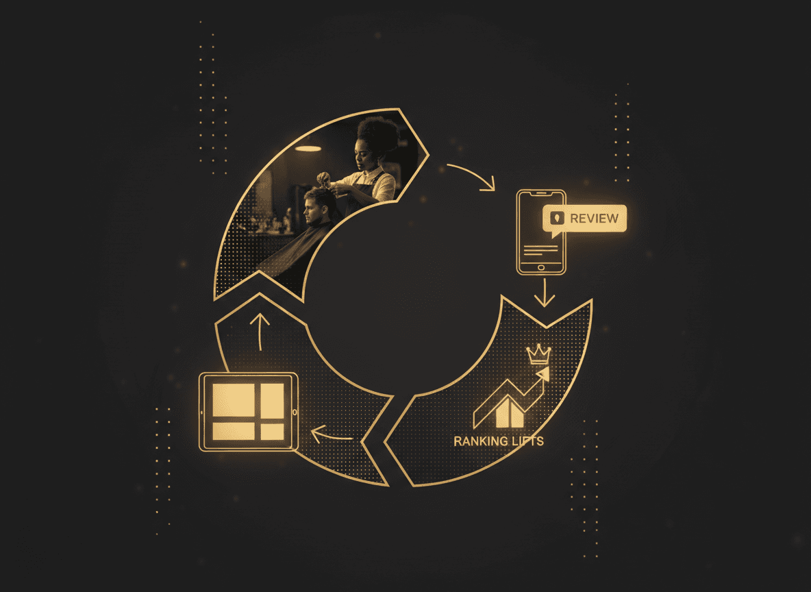Simple flywheel diagram: booking captured → review requested → ranking lifts → more views → more bookings.