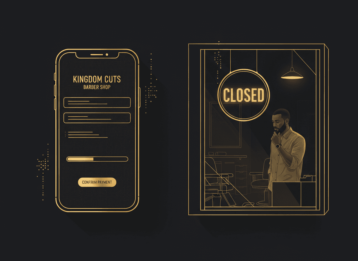 Split-screen image: a phone showing a half-completed booking form on one side, a 'closed' shop sign at night on the other — visualizing mid-checkout and after-hours abandonment.