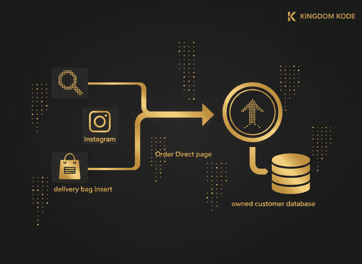 Diagram of the three-channel flow: Google search + Instagram + delivery bag insert all funneling into a single branded 'Order Direct' page feeding an owned customer database.