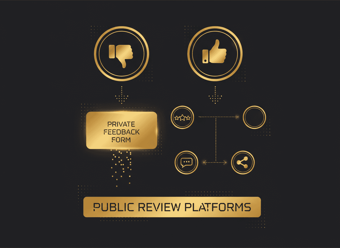 Flowchart diagram of the thumbs-up / thumbs-down review fork: thumbs down routes to a private form, thumbs up routes to public review platforms.