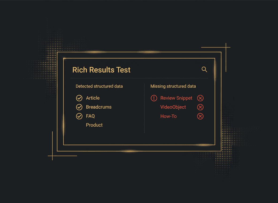 Screenshot mockup of Google's Rich Results Test showing detected vs missing structured data, with missing items highlighted in red.