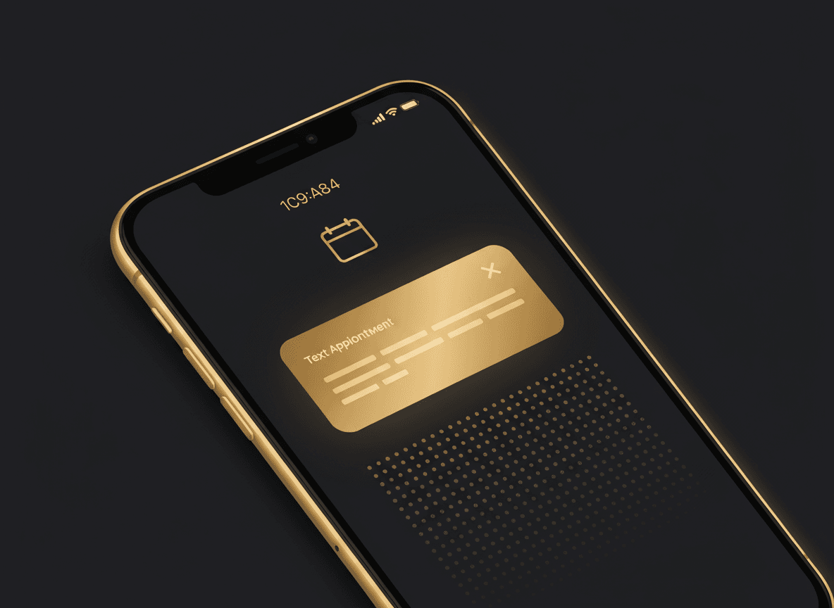 Phone lock screen showing a text notification from a local business with an appointment reminder — clean, close-up shot.