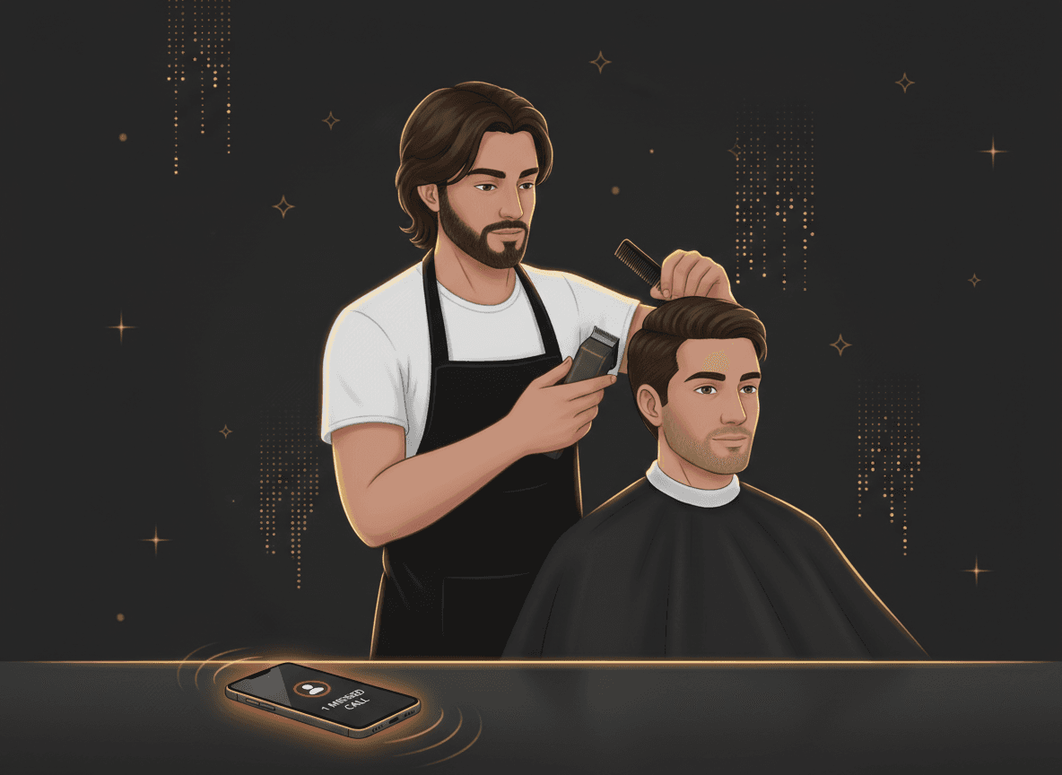 A barber mid-haircut with a phone buzzing face-down on the counter, one missed call visible on screen — visualizing the dropped booking.