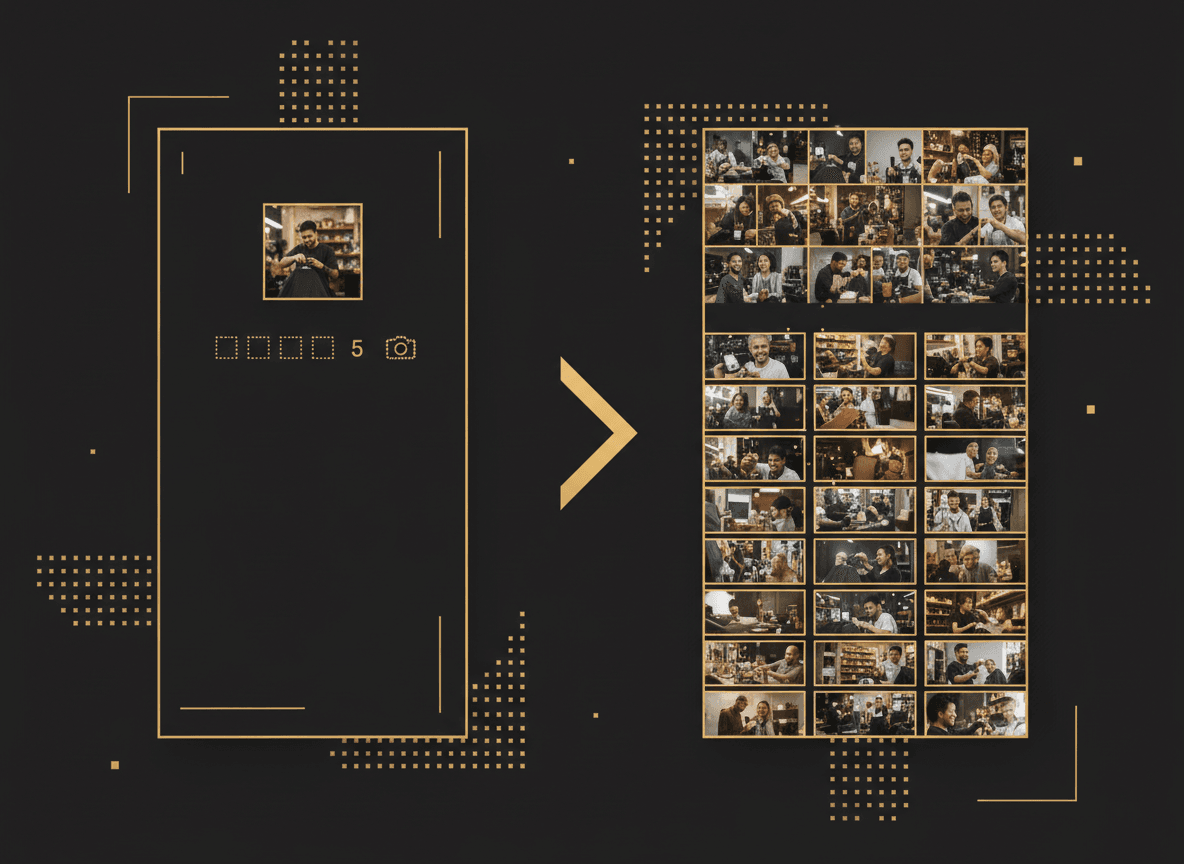 Side-by-side comparison graphic: a sparse GBP listing showing '5 photos' next to a media-rich listing with dozens of thumbnails, highlighting the visual gap.