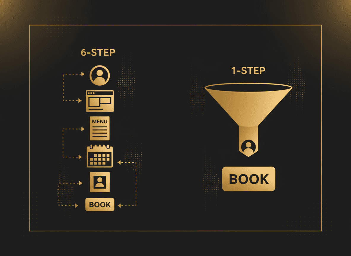 Simple funnel graphic comparing a 6-step path (Profile → website → menu → booking page → account → book) against a 1-step path (Profile → book), with the leaky steps highlighted.