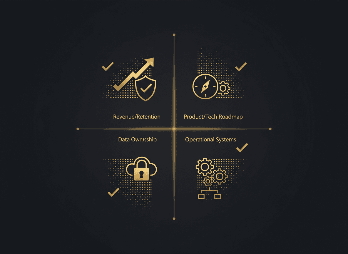 Simple four-quadrant diagram labeled Revenue/Retention, Product/Tech Roadmap, Data Ownership, Operational Systems — each with a checkmark, showing the diligence framework at a glance.