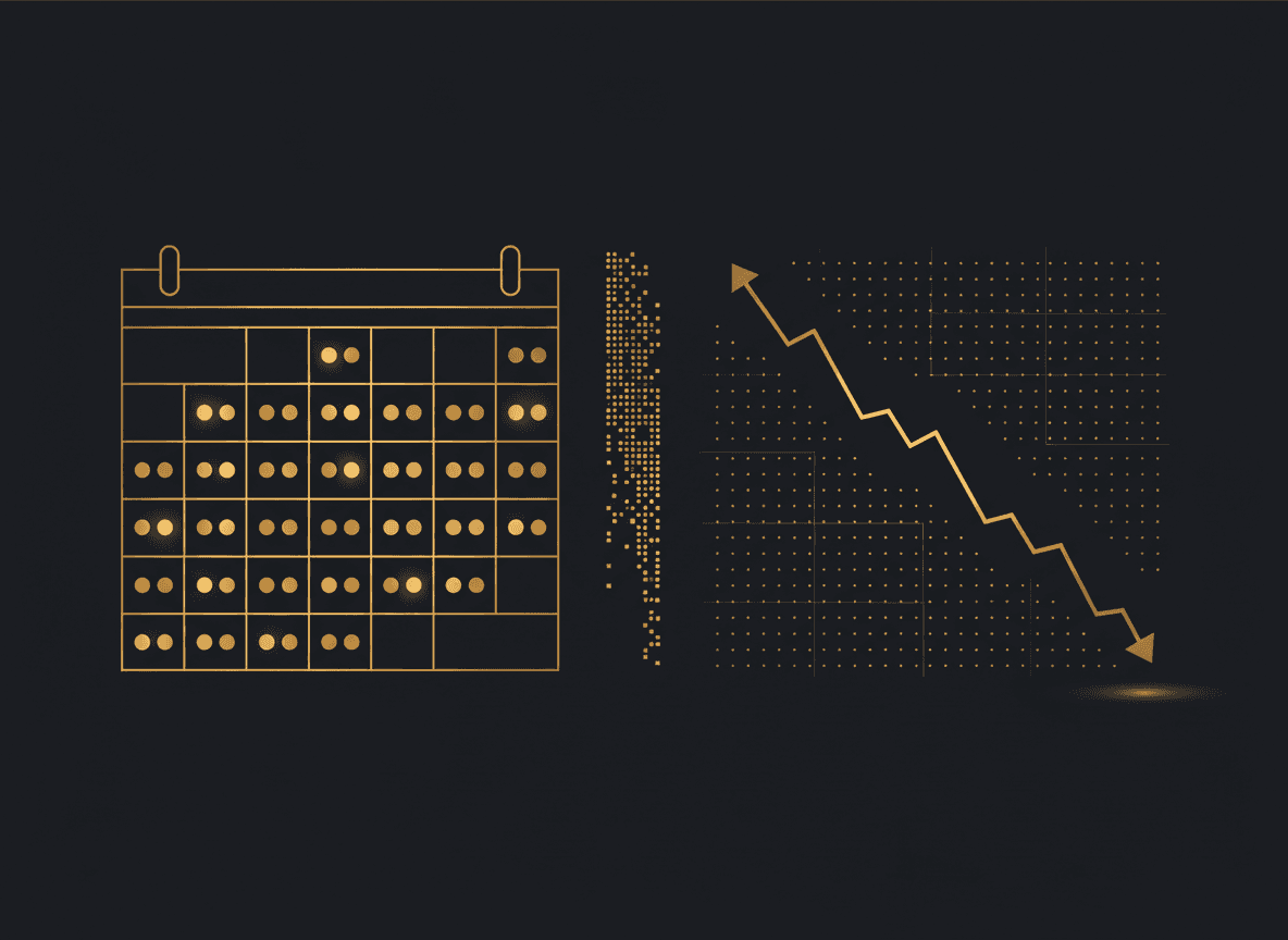 A split image: a full appointment calendar on one side, a downward-trending revenue line faintly overlaid on the other — visualizing 'busy but bleeding.'