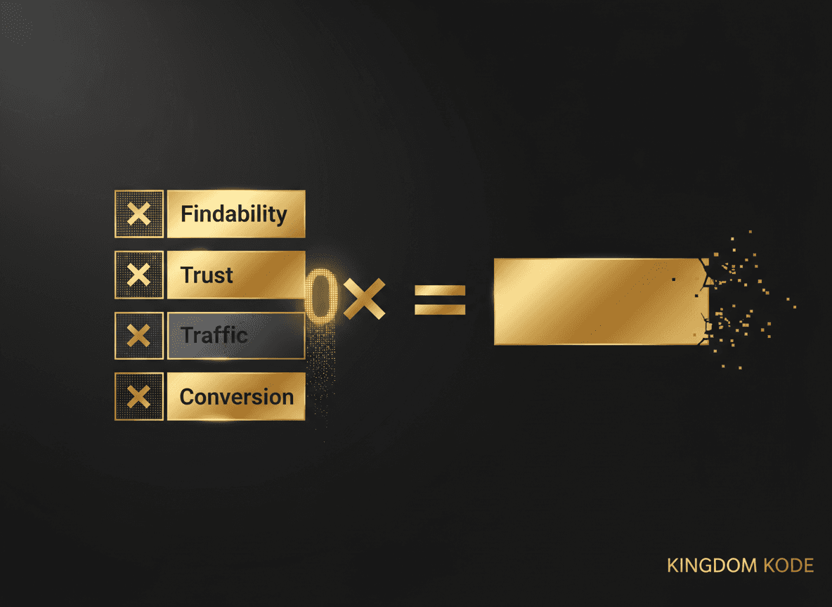Simple diagram of the multiplier equation: Findability × Trust × Traffic × Conversion = Customers, with one layer greyed out to zero showing the whole result collapse to zero.