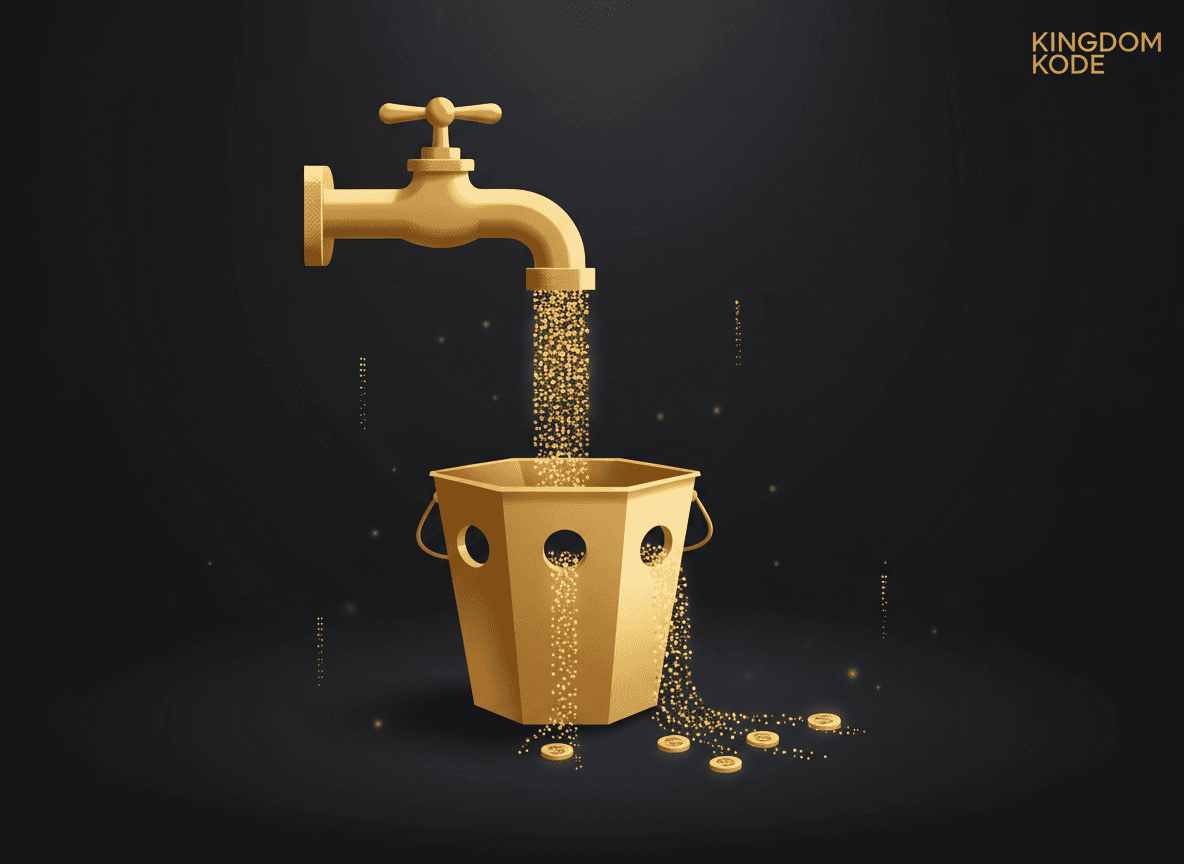 Illustration of a faucet pouring water into a leaking bucket, labeled with ad-spend dollars draining out the holes — visual metaphor for the leak chain.