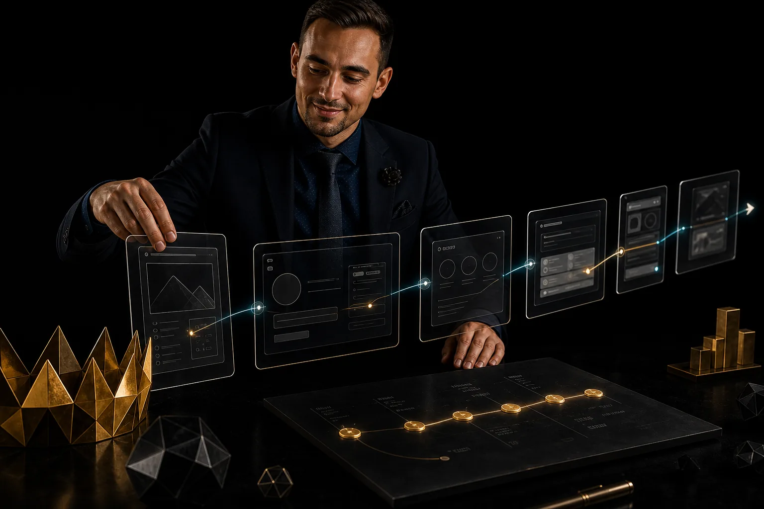 A dark prototype scene with floating product screens, gold crown facets, and connected journey cards.